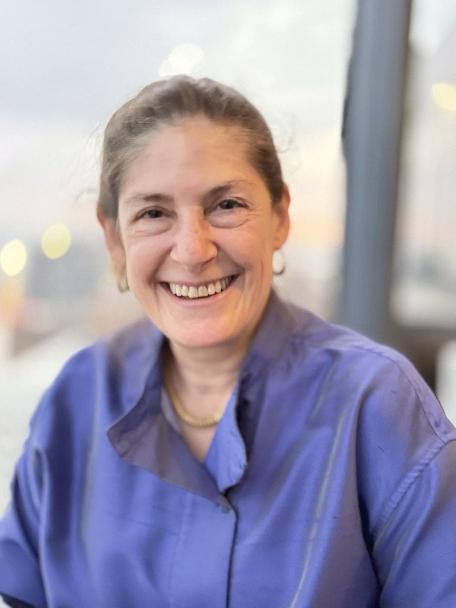 Christina Lawrence in a blue silk shirt, warm window light behind her.