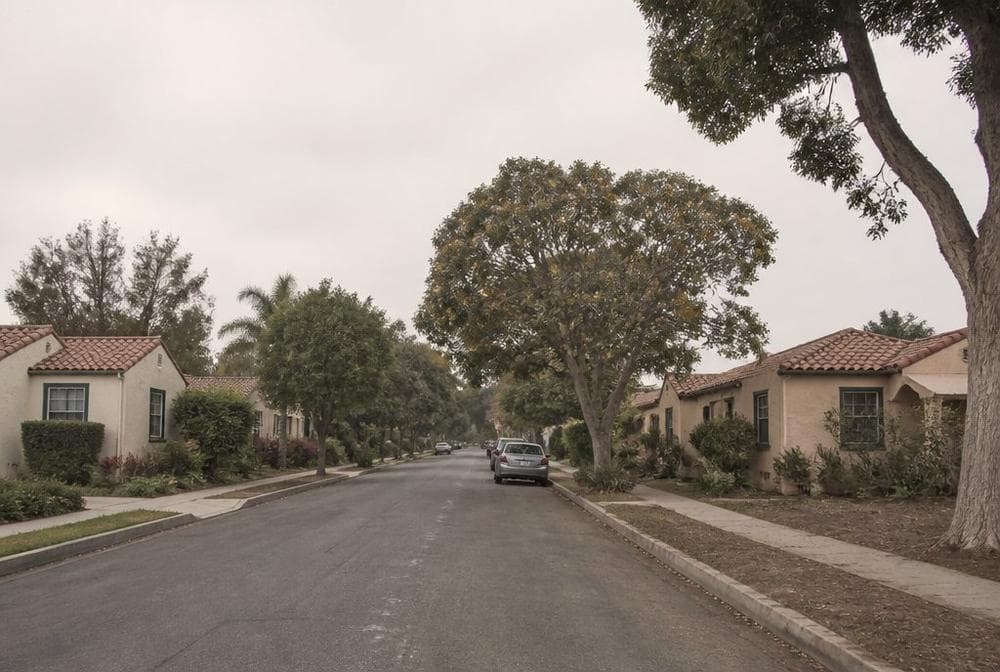 A quiet coastal residential street in San Diego under soft light.